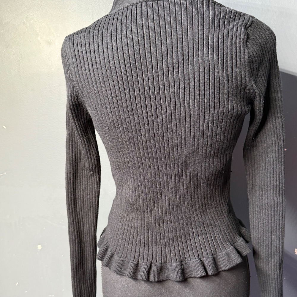 Commense Black Ribbed Peplum‎ Cardigan Ruffle Cuff Button Front V-Neck Large - Picture 2 of 8
